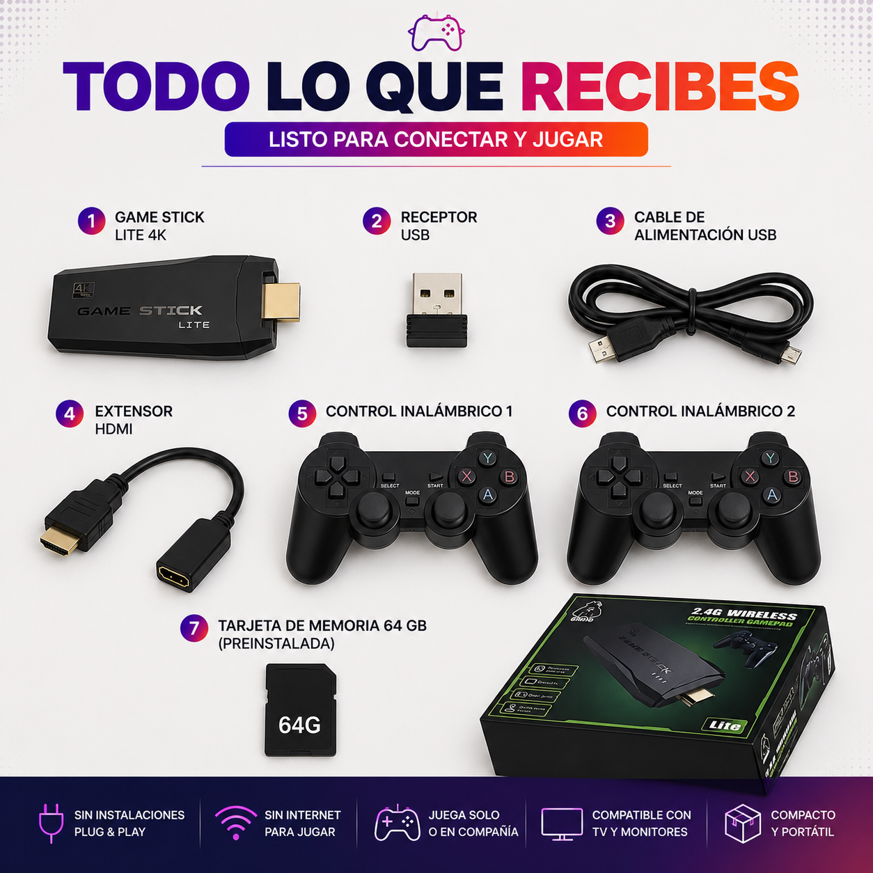 Game Stick 4K Lite – Consola Retro HDMI con 2 Controles